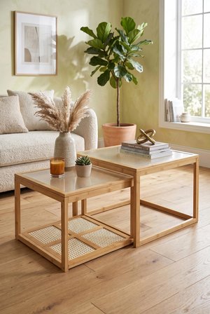 Robin Home Modern Doğal Bambu 2'Li Kare Orta Sehpa Seti Temperli Camlı Ve Yapay Rattan Alt Raflı Zigon