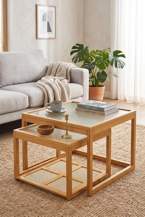 Robin Home Modern Doğal Bambu 2'Li Kare Orta Sehpa Seti Temperli Camlı Ve Yapay Rattan Alt Raflı Zigon