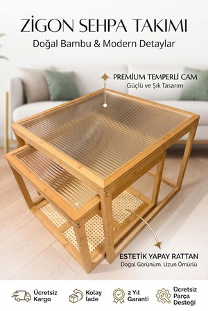 Robin Home Modern Doğal Bambu 2'Li Kare Orta Sehpa Seti Temperli Camlı Ve Yapay Rattan Alt Raflı Zigon