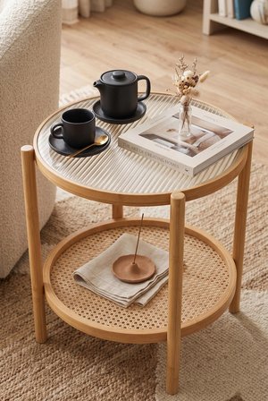 Robin Home Bambu Temperli Camlı Rattan Raflı Yuvarlak Yan Sehpa 45*45Cm