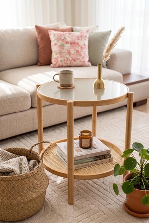 Robin Home Bambu Temperli Camlı Rattan Raflı Yuvarlak Yan Sehpa 45*45Cm