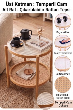 Robin Home Bambu Temperli Camlı Rattan Raflı Yuvarlak Yan Sehpa 45*45Cm