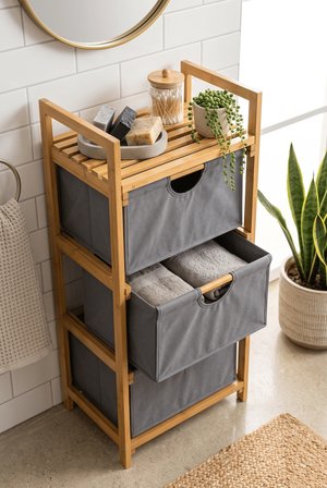 Robin Home Bambu 3 Raflı Çamaşır Sepeti Banyo Mutfak Organizeri Raflı Dolap 