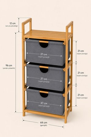Robin Home Bambu 3 Raflı Çamaşır Sepeti Banyo Mutfak Organizeri Raflı Dolap 