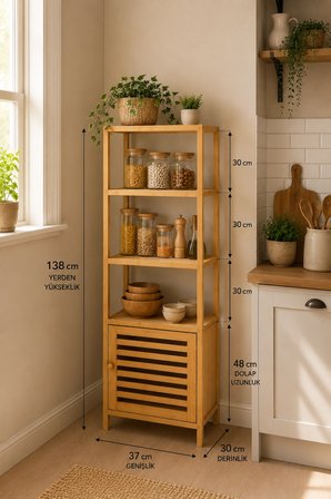 Robin Home Bambu Tek Kapaklı 4 Raflı Çok Amaçlı Düzenleyici Organizer Dolap