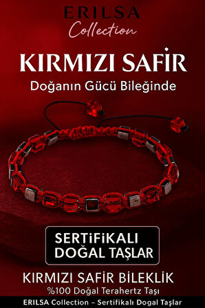 Sertifikalı 8mm Küp Kesim Terahertz - Kırmızı Safir Doğal Taş Bileklik - Kadın Erkek Şık Tasarım