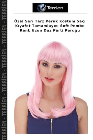Özel Seri Tarz Peruk Kostüm Saçı Kıyafet Tamamlayıcı Soft Pembe Renk Uzun Düz Parti Peruğu
