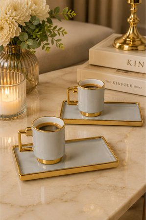 2 Kişilik Gold Detaylı Kahve Sunum Fincan Takımı