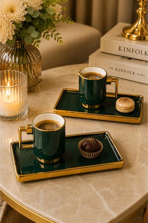 Rasha Collection 2 Kişilik Kahve Fincan Takımı Altın Detaylı Yeşil