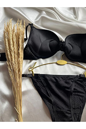 Siyah Çift Dolgulu Double Push Up Sütyen Takımı