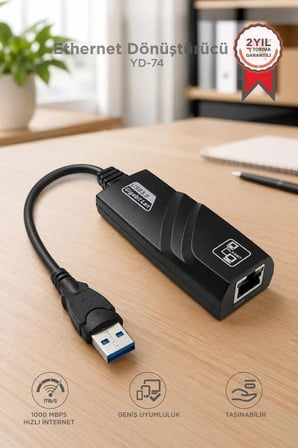 Özel Seri Cihaz İnternet Bağlantı Ethernet Dönüştürücü USB 3.0 Çevirici Adaptörü YD74 Siyah