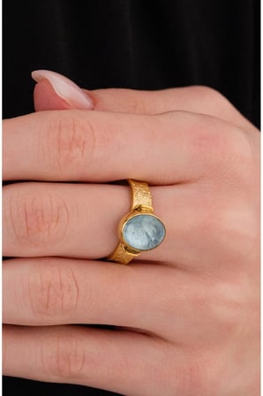 14 K Gold Kaplama 925 Ayar Gümüş Naturel Aquamarine Yüzük