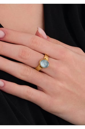 14 K Gold Kaplama 925 Ayar Gümüş Naturel Aquamarine Yüzük