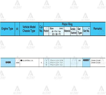 Riken 40837-STD Segman Elantra 96-00 1.6 77.90mm G4Gr STD Takım 40837STD