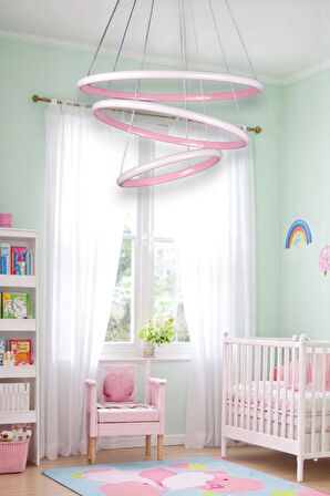 Rings Modern Tasarım Pembe Renk Yatak Odası Salon -Çocuk Odası Mutfak Beyaz Led 3 Lü Avize