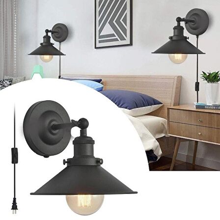 RİOLİGHT RETRO RUSTİK SİYAH MAFSALLI HAREKETLİ BAŞLIK FİŞLİ AHAHTARLI KABLOLU DUVAR APLİK ÇAP:23CM