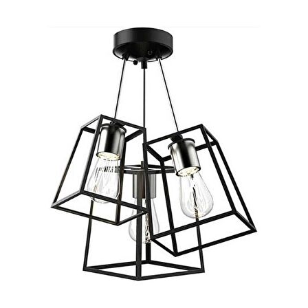 RİOLİGHT RETRO,RUSTİK SİYAH 3XE27 DUYLU KÜP METAL SARKIT AVİZE