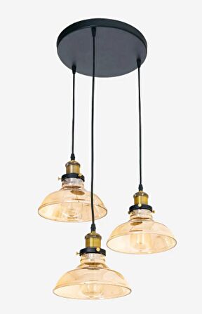 RİOLIGHT RETRO2,RUSTİK,VİNTAGE BAL CAMLI SİYAH METAL GÖVDE 3XE27 DUYLU SARKIT AVİZE ÇAP:30CM