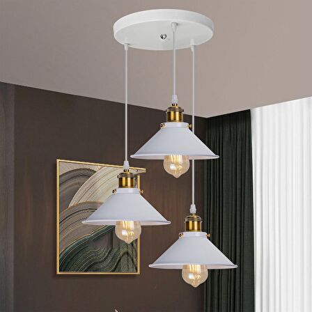 RİOLİGHT VİNTAGE3,RETRO,RUSTİK BEYAZ 3XE27 DUYLU METAL SARKIT AVİZE TABAN ÇAPI:30CM