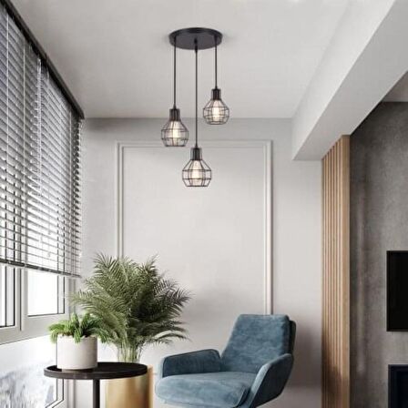 RİOLİGHT RETRO1,RUSTİK,VİNTAGE SİYAH KAFES 3XE27 DUYLU METAL SARKIT AVİZE