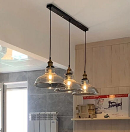 RİOLİGHT VİNTAGE,RUSTİK 3XE27 MASA ÜSTÜ CAM BAŞLIK SARKIT AVİZE TABAN UZUNLUĞU:60CM CAM ÇAP:20CM
