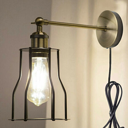 RİOLİGHT VİNTAGE2,RUSTİK2,RETRO2 ESKİTME 1XE27 DUYLU KAFES KABLOLU FİŞLİ ANAHTARLI METAL DUVAR APLİK
