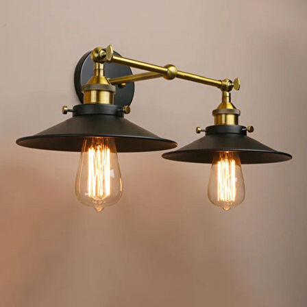 RİOLİGHT VİNTAGE,RETRO,RUSTİK MAFSALLI MATT ALTIN KAPLAMA 2XE27 SİYAH METAL APLİK ŞAPKA ÇAP:23CM