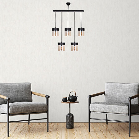 RİOLİGHT RETRO,RUSTİK,VİNTAGE 5XE27 DUYLU METAL GÖVDE CAMLI SIRALI SARKIT AVİZE UZUNLUK:60CM
