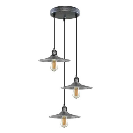 RİOLİGHT RUSTİK1,RETRO1,VİNTAGE1 GÜMÜŞ GRİ FIRÇALI PATİNE 3XE27 METAL SARKIT AVİZE TABAN ÇAPI:30CM