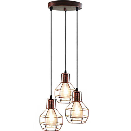 RİOLİGHT VİNTAGE,RETRO,RUSTİK BAKIR FIRÇALI PATİNE 3XE27 KAFES METAL SARKIT AVİZE TABAN ÇAP:30CM