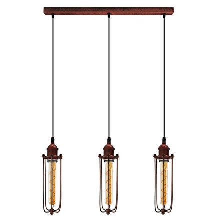 RİOLİGHT VİNTAGE,RETRO,RUSTİK BAKIR FIRÇALI PATİNE 3XE27 KAFES MASA ÜSTÜ SARKIT AVİZE UZUNLUK:60CM