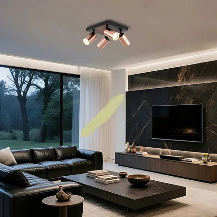 RIOLIGHT MODERN BAKIR HAREKETLİ BAŞLIK SİYAH GÖVDE 4XGU10 LED KARE SPOT AVİZE(AMPÜL DAHİLDİR)