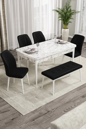 Rio Serisi Bench'li Beyaz Mermer Desenli Mdf Mutfak Masası 4 Siyah Sandalye