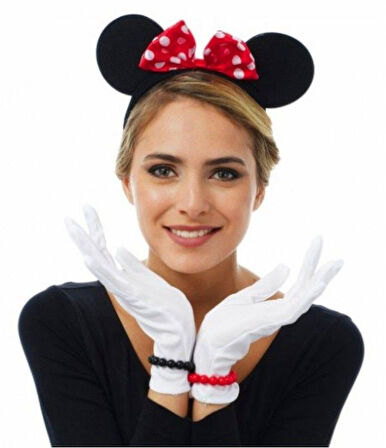 Parti Kırmızı Fiyonklu Minnie Mouse Tacı ve Beyaz Eldiven Seti