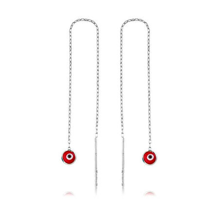 925 Ayar Gümüş Zincirli Kırmızı Nazar Küpe