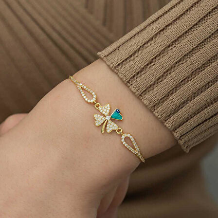 925 Ayar Gümüş Gold Nazarlı Yonca Bileklik