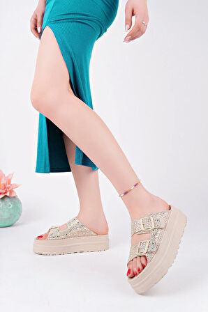 Ortopedik Taşlı Kadın Terlik - Bej