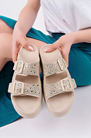 Ortopedik Taşlı Kadın Terlik - Bej