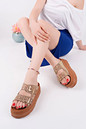 Ortopedik Taşlı Kadın Terlik - Kahverengi