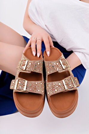 Ortopedik Taşlı Kadın Terlik - Kahverengi