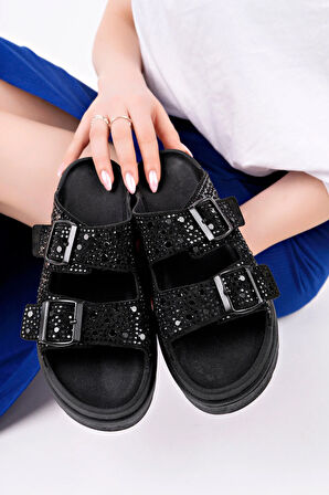 Ortopedik Taşlı Kadın Terlik - Siyah