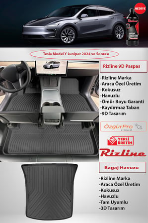 rizline tesla model y juniper 2025 ve sonrası 9d premıum paspas ve 3d bagaj havuzu set 2'li