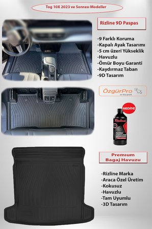 rizline premium 9d tog t10x 2023 vesonrası havuzlu paspas ve premıum bagaj havuzu 2'li set