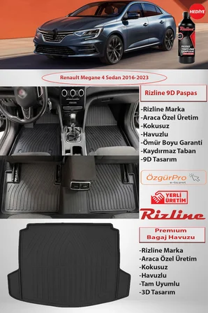 Rizline Renult Megane 4 Sedan 2016-2023 Premıum Havuzlu Paspas Ve Premıum Bagaj Havuzu Çift Kulaklı