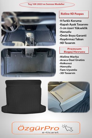 rizline tog t10x 2023 sonrası 9d premıum paspas-organizer bej-premıum bagaj havuzu 3'lü set