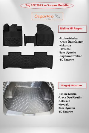 Rizline Tog T10F 2025 ve Sonrası 3D Havuzlu Paspas Siyah ve 3D Bagaj Havuzu 2'li Set Kokusuz