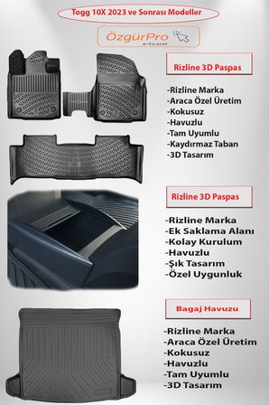 Rizline Tog T10X 2023 ve Sonrası 3D Paspas-Bagaj Havuzu-Siyah Organizer 3'lü Set