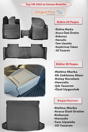 Rizline Tog T10X 2023 ve Sonrası 3D Paspas-Bagaj Havuzu-BEJ Organizer 3'lü Set