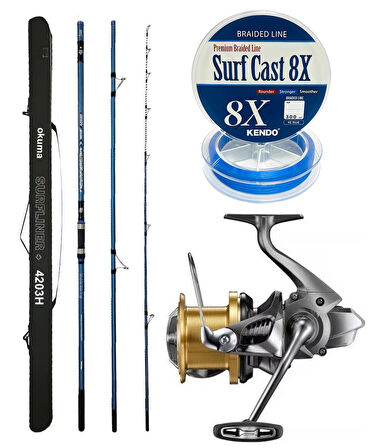 YekOutdoor Profesyonel Olta Seti Okuma Surfliner+ Surf 420cm 3 Parça Olta Kamışı&Shimano Makina Aerlex XSC 14000