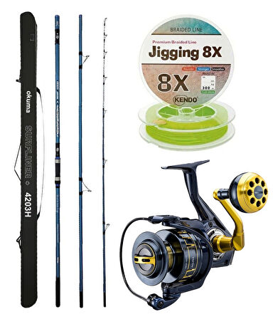 YekOutdoor Profesyonel Olta Seti Okuma Surfliner+ Surf 420cm 3 Parça Olta Kamışı&Okuma Salina SA-8000A Olta Makinesi